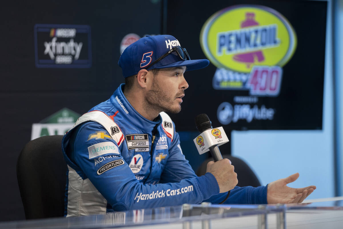 Cup Series driver Kyle Larson (5) speaks to the media after qualifying for the Pennzoil 400 on ...